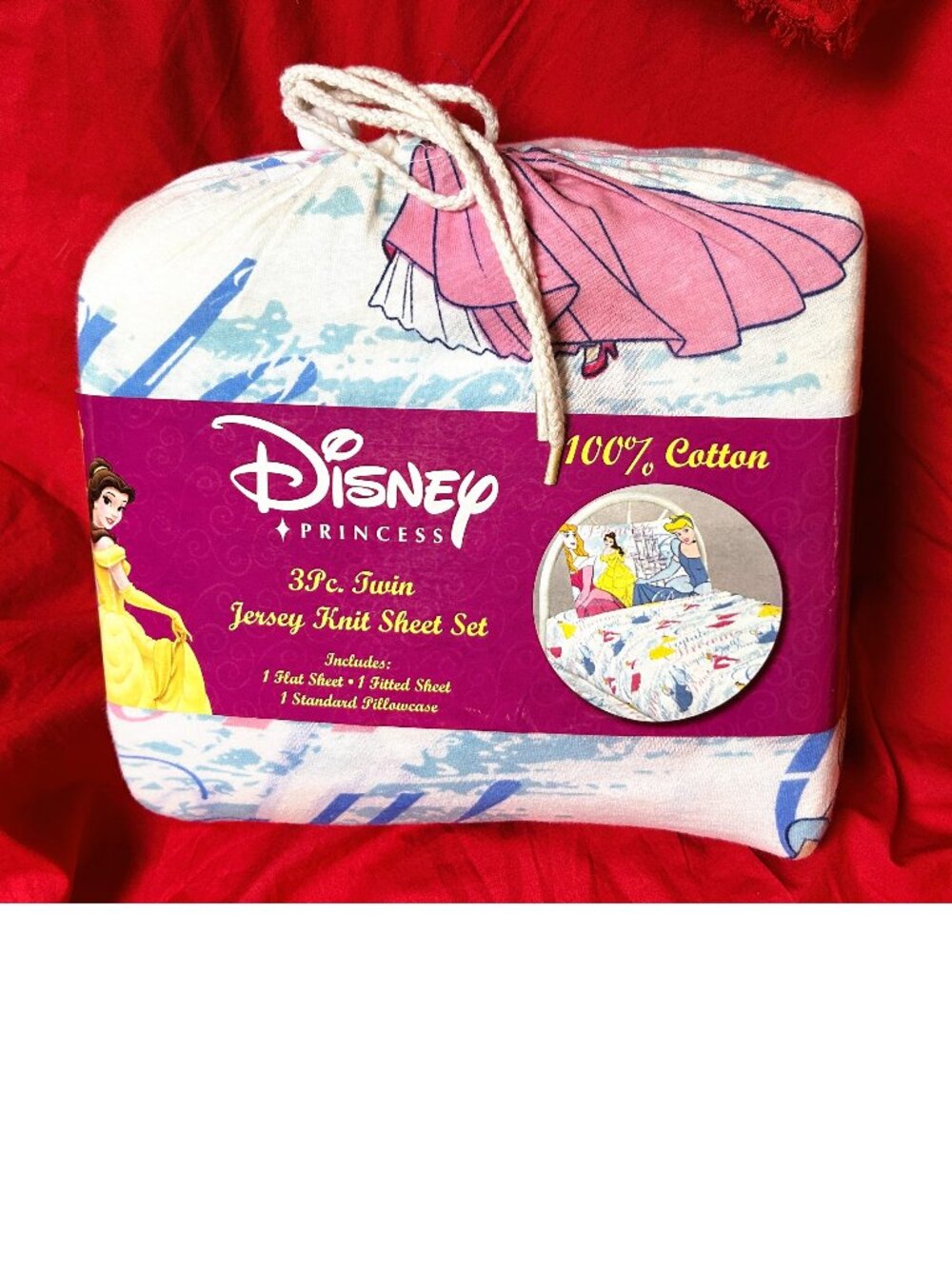 NEW~TWIN size~100%COTTON Jersey knit Sheet Set~Disney Princess Belle Cinderella